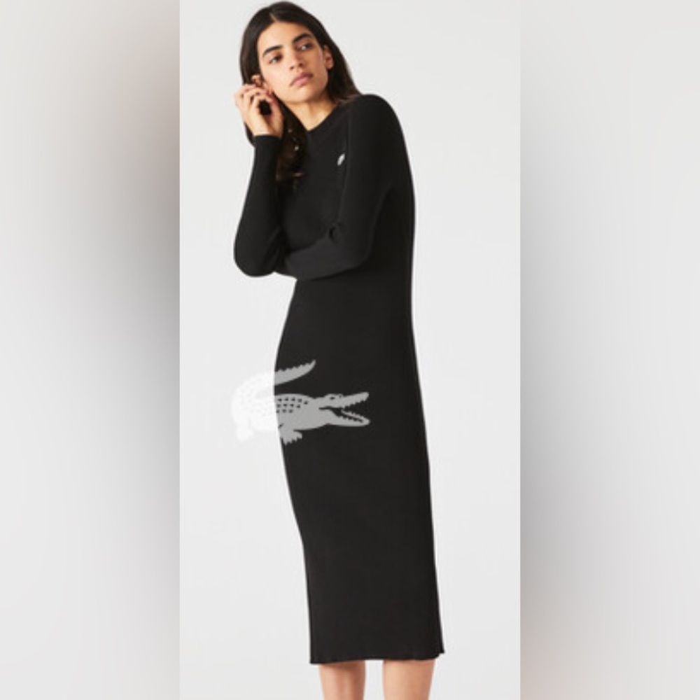 Lacoste Black Long-Sleeve Midi Dress with White Croc Detail